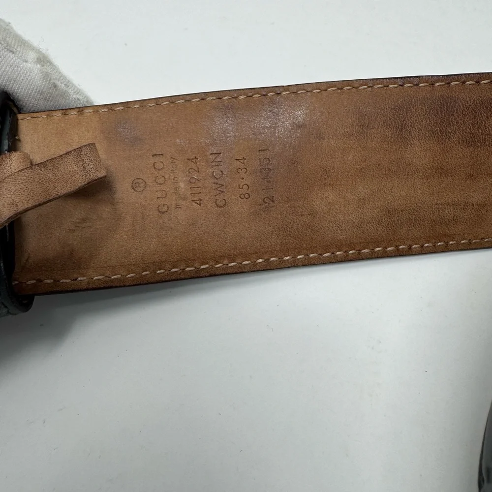 💯Authentic Gucci Grey Leather & Silver Interlocking GG Belt -size 85 - Picture 4 of 4